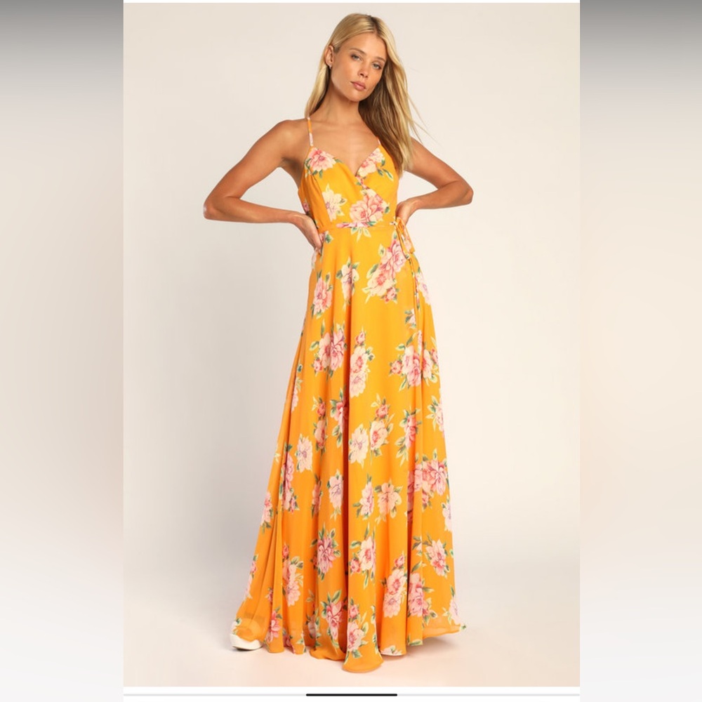 Lulus Floral Print Maxi Wrap Dress (NWT) in Marigold